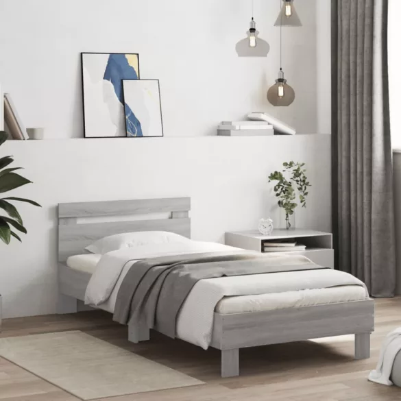 szürke sonoma színű szerelt fa ágykeret fejtámlával 90 x 200 cm