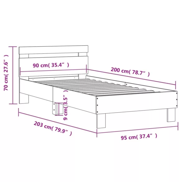 szürke sonoma színű szerelt fa ágykeret fejtámlával 90 x 200 cm