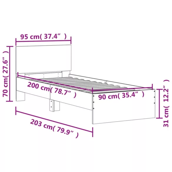 szürke sonoma színű szerelt fa ágykeret fejtámlával 90 x 200 cm