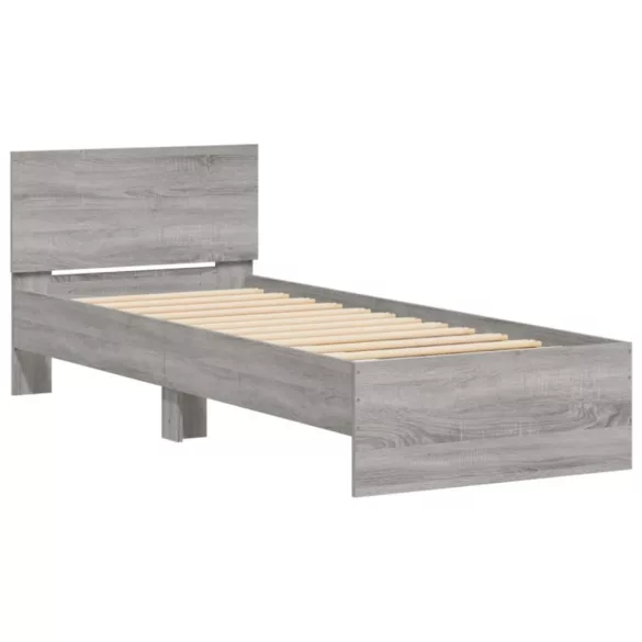 szürke sonoma színű ágykeret fejtámlával és LED-ekkel 90x200 cm