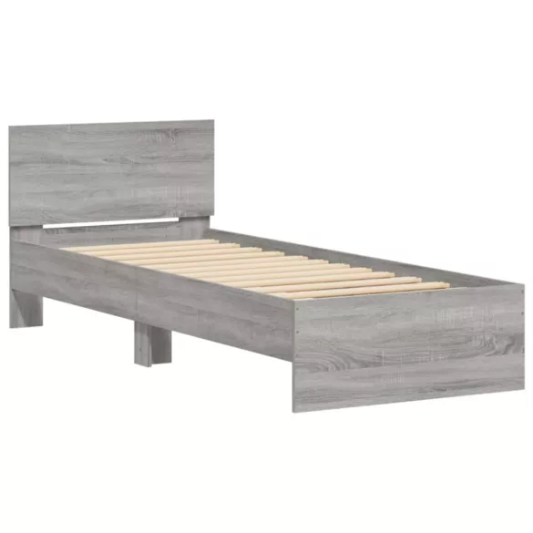 szürke sonoma színű ágykeret fejtámlával és LED-ekkel 75x190 cm
