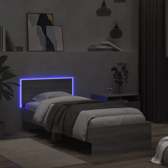 szürke sonoma színű ágykeret fejtámlával és LED-ekkel 75x190 cm
