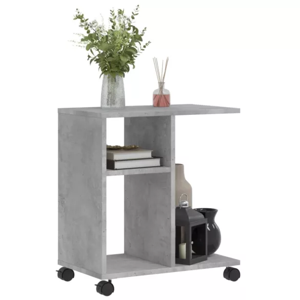 betonszürke szerelt fa kisasztal kerekekkel 50 x 30 x 55 cm