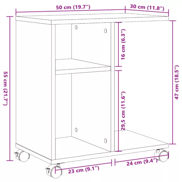 betonszürke szerelt fa kisasztal kerekekkel 50 x 30 x 55 cm