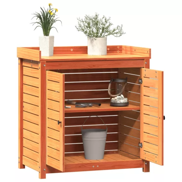 barna tömör fenyőfa ültetőasztal polcokkal 82,5 x 50 x 86,5 cm