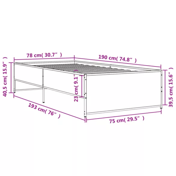 fekete szerelt fa és fém ágykeret 75 x 190 cm