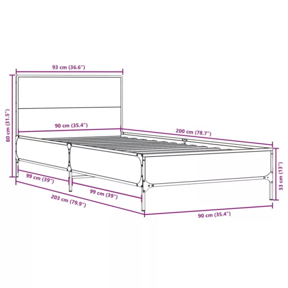 fekete szerelt fa és fém ágykeret 90 x 200 cm