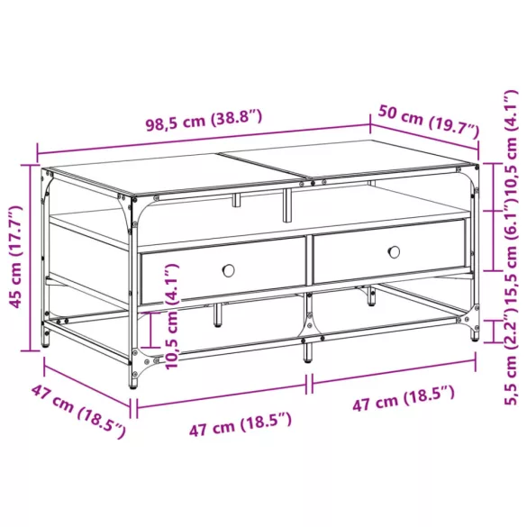 barna tölgy színű acél dohányzóasztal üveglappal 98,5x50x45 cm