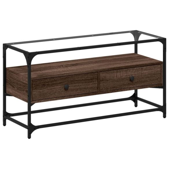 barna tölgy színű szerelt fa TV-szekrény üveglappal 98x35x51 cm