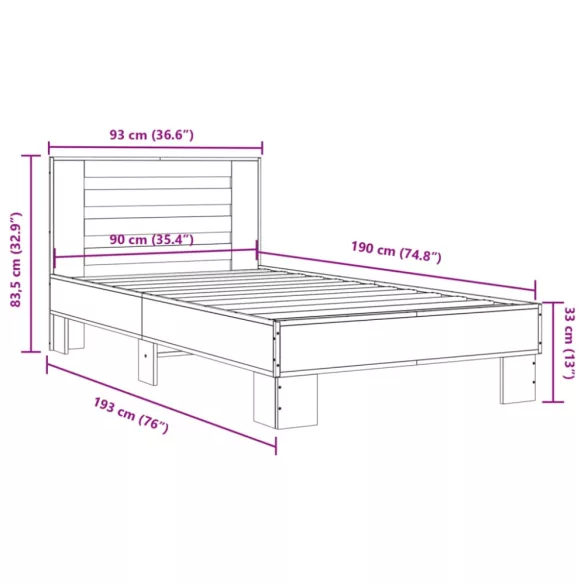 barna tölgyszínű szerelt fa és fém ágykeret 90 x 190 cm