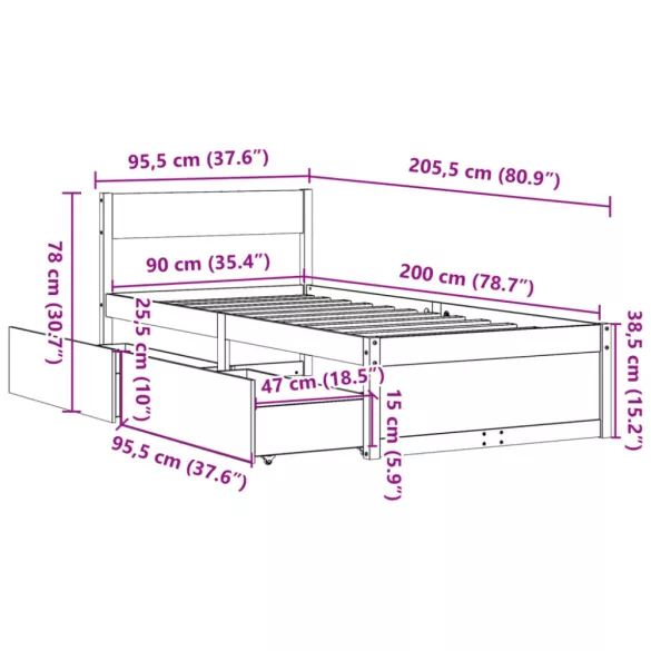 tömör fenyőfa ágy matrac nélkül 90 x 200 cm
