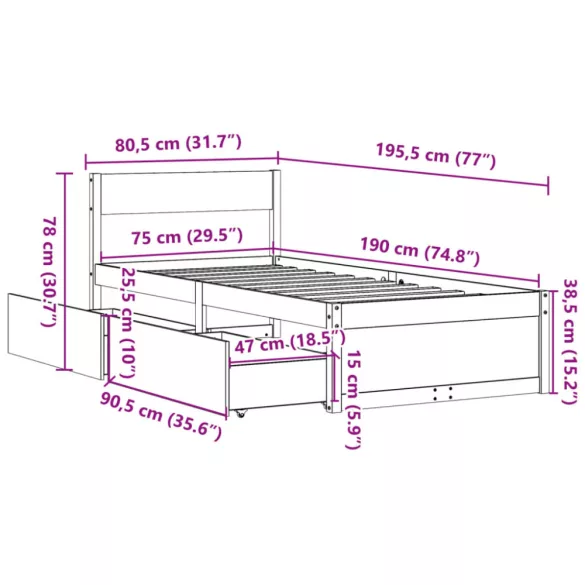 tömör fenyőfa ágy matrac nélkül 75 x 190 cm