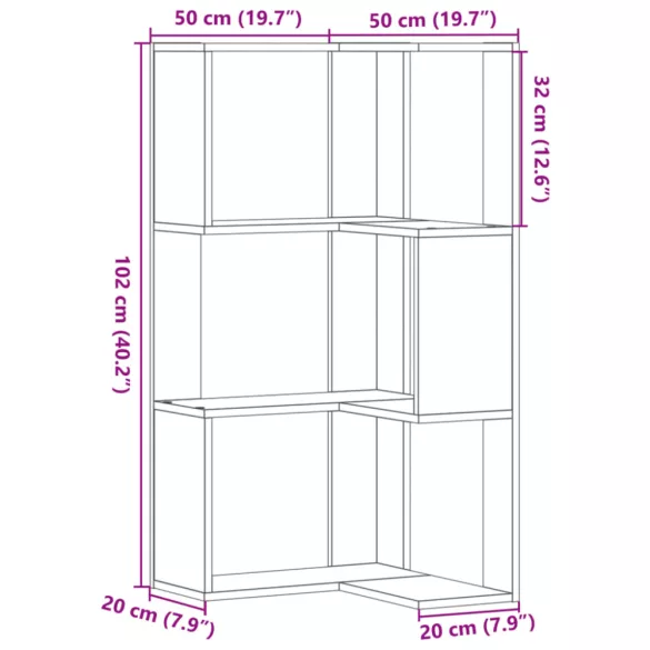 3 szintes sonoma tölgy szerelt fa sarok könyvespolc 50x50x102cm