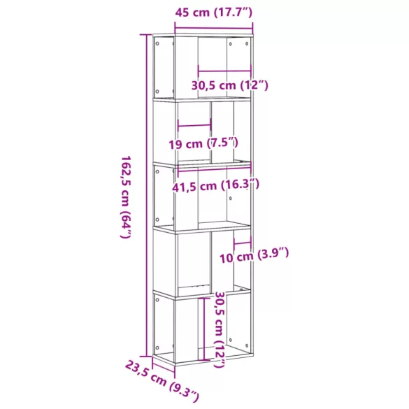 5 szintes betonszürke szerelt fa könyvespolc 45x23,5x162,5 cm