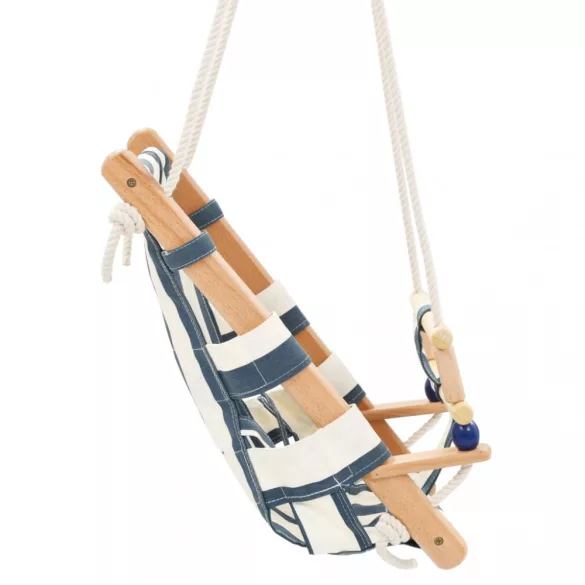 kék fa és pamut babahinta biztonsági övvel