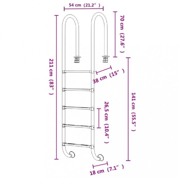 304-es rozsdamentes acél medencelétra 54 x 38 x 211 cm