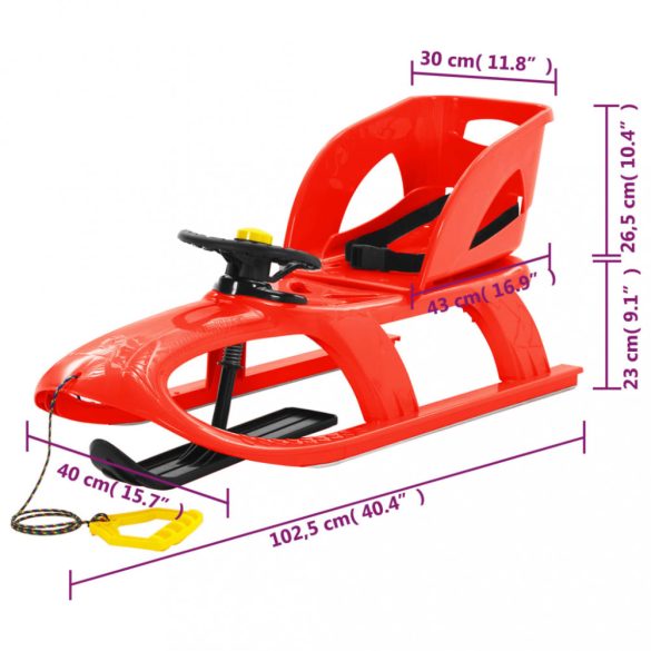 piros polipropilén szánkó üléssel és kormánnyal 102,5x40x23 cm