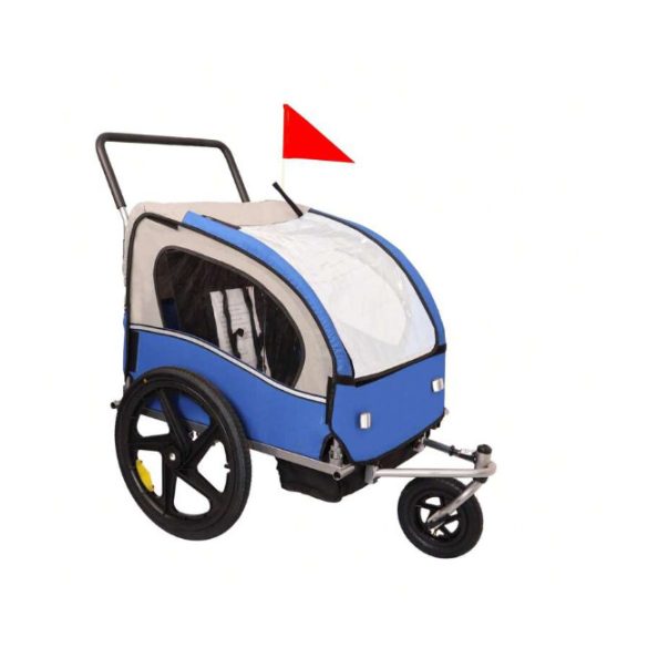 kék kerékpár utánfutó és jogger egyben