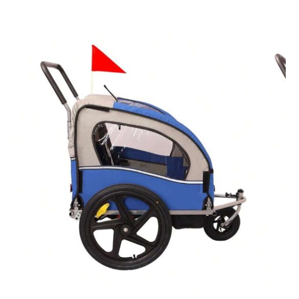 kék kerékpár utánfutó és jogger egyben