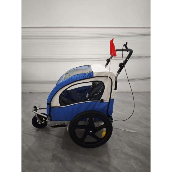 kék kerékpár utánfutó és jogger egyben